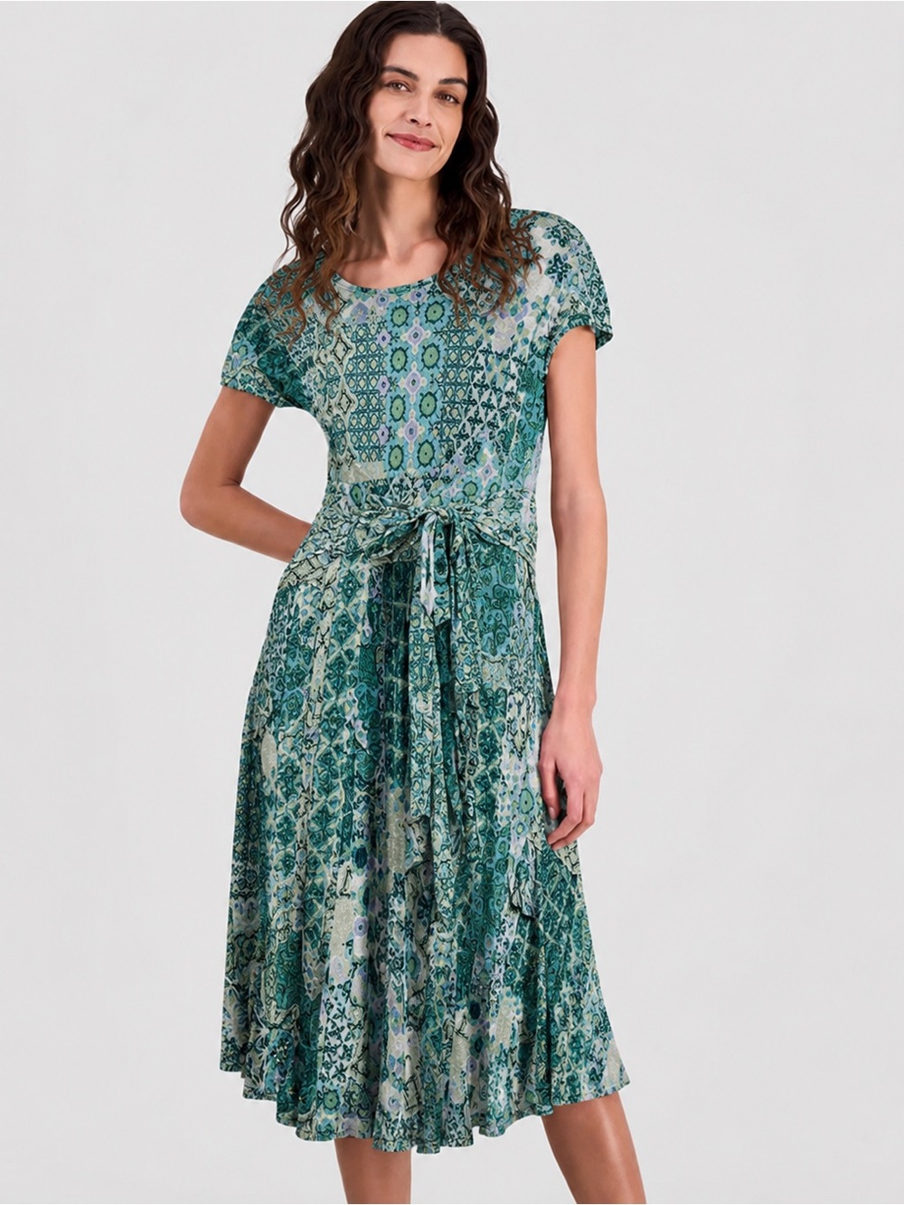 Robbie Bee Green Patchwork Tie-Waist Midi Dress NWT Small